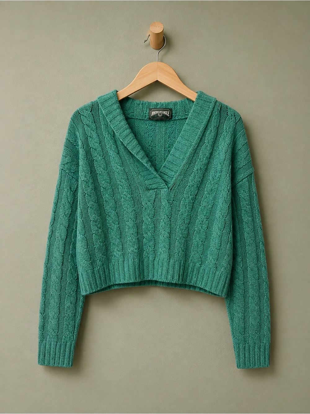 American Eagle Green Cable Knit Hooded Sweater XS Oversized Fit
